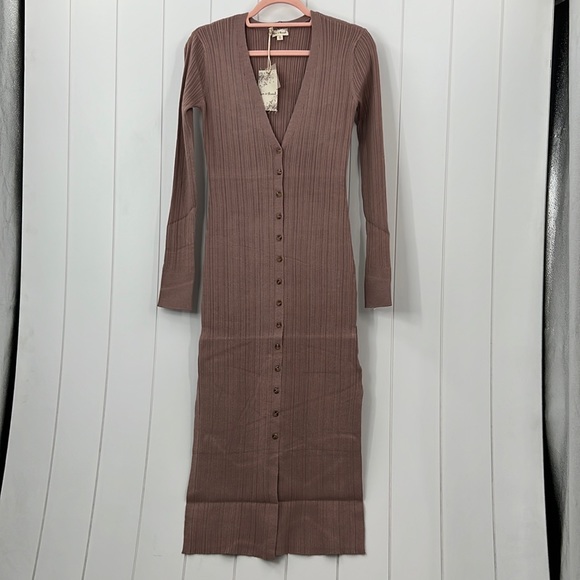 🆕Hem & Thread Ribbed Dress Bodycon Split Sides Button Down Mauve Rose Color - Picture 5 of 8